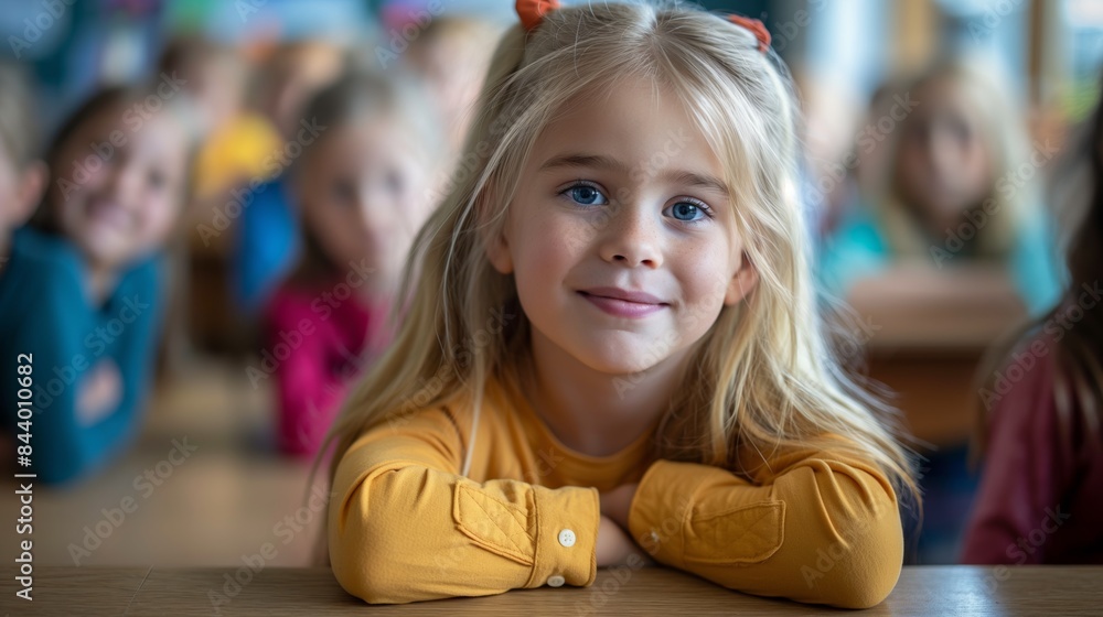 Young student in a classroom eager to learn / happy little blonde girl Young student in a classroom eager to learn / happy little blonde girl