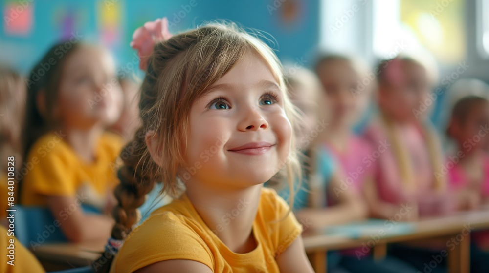 Young student in a classroom eager to learn / happy little blonde girl Young student in a classroom eager to learn / happy little blonde girl