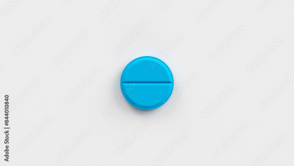 Blue single pill isolated on a white background. Tablet, pill capsule top view, flat lay. 3d render illustration Blue single pill isolated on a white background. Tablet, pill capsule top view, flat lay. 3d render illustration