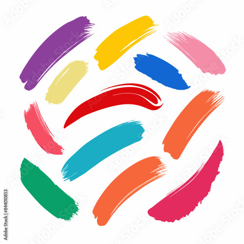 Multicolored brush stroke set. Paintbrush print stripes, stains. Lipstick, marker mark texture. Multicolored. Paint brush, brush stroke ink.  Vector multicolor brushstroke isolated on white background