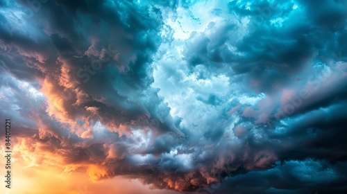 Fototapeta Naklejka Na Ścianę i Meble -  Powerful sky scene with dark, turbulent clouds and dramatic lighting, setting the stage for an impending storm