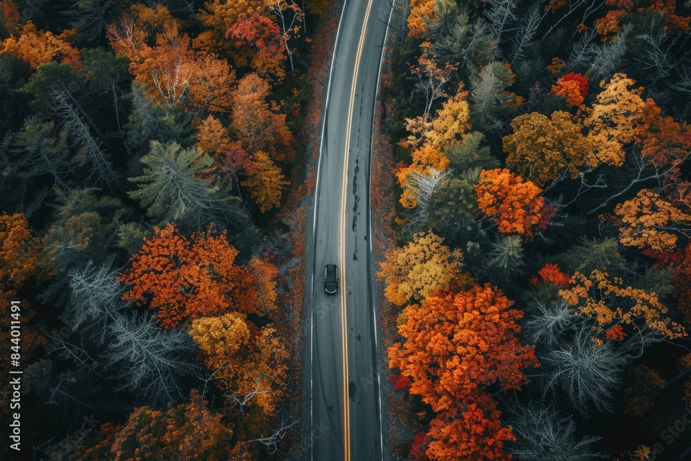 Fototapeta premium Aerial View of Car on Autumn Forest Road