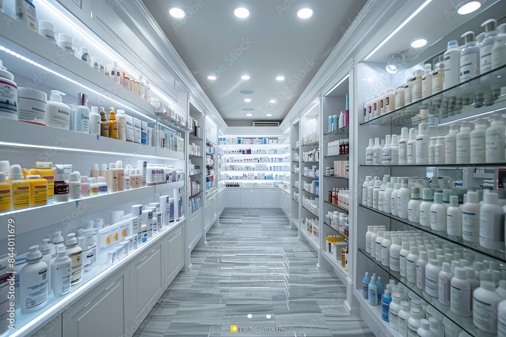 Fototapeta premium Modern pharmacy with neatly arranged shelves