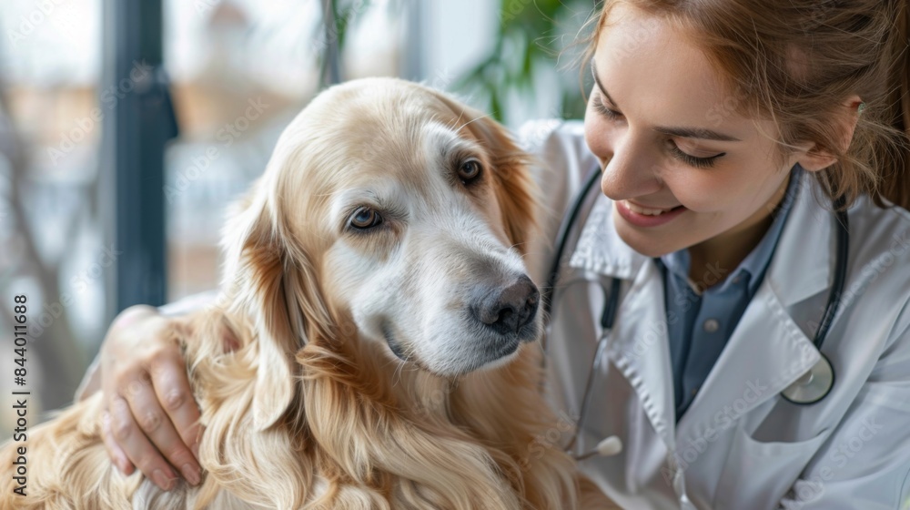 Closeup of a female veterinarian examining a cute golden retriever dog in a clinic Closeup of a female veterinarian examining a cute golden retriever dog in a clinic