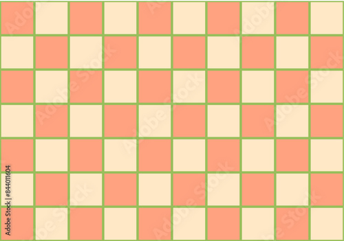 Fondo ajedrezado de cuadrados naranja y amarillo y trazado verde
