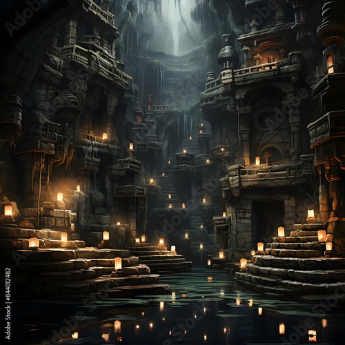 3D rendering of a fantasy landscape with an ancient temple and a river