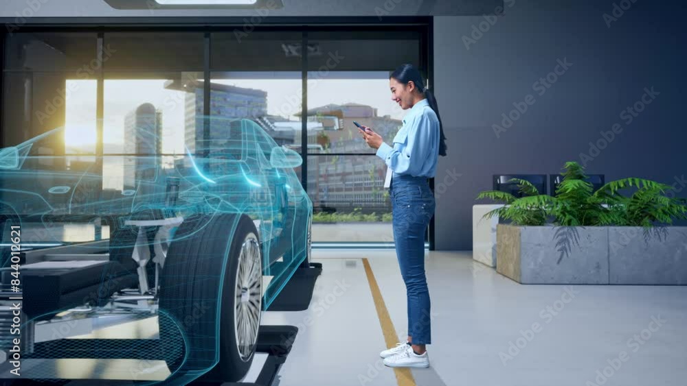 Full Body Side View Of An Asian Female Professional Worker Standing With Her Phone With Concept of Electric Vehicle, High-tech Industrial Facility, Working Continuously With Her Phone Full Body Side View Of An Asian Female Professional Worker Standing With Her Phone With Concept of Electric Vehicle, High-tech Industrial Facility, Working Continuously With Her Phone
