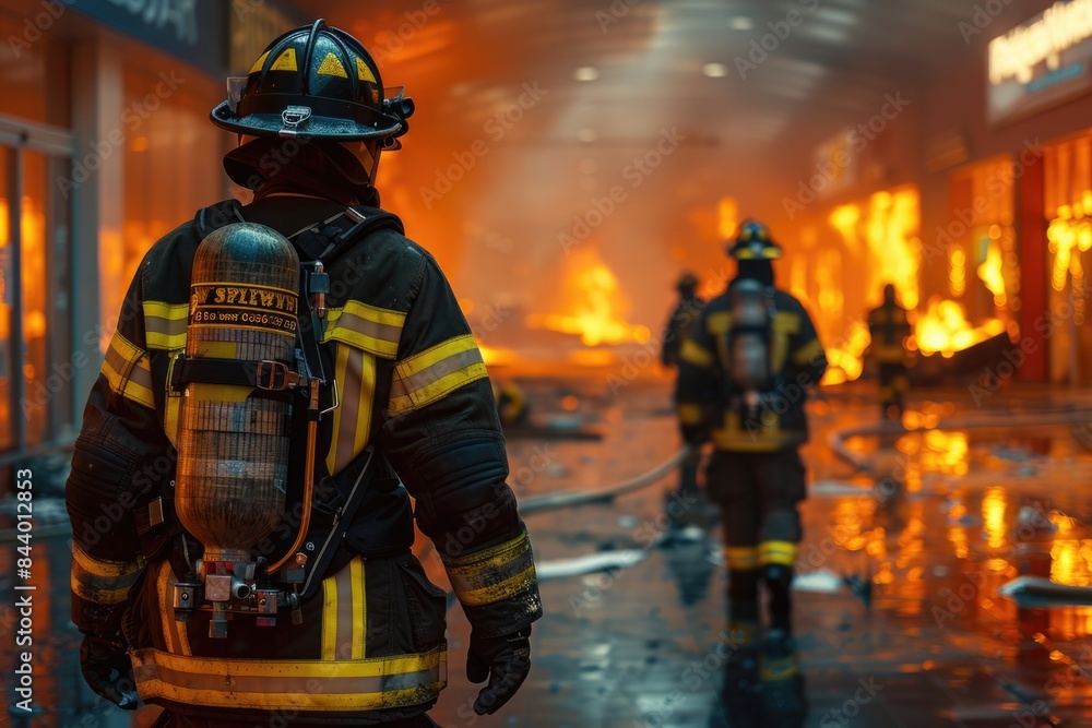 Heroic Firefighter in Action at Fire Scene Heroic Firefighter in Action at Fire Scene