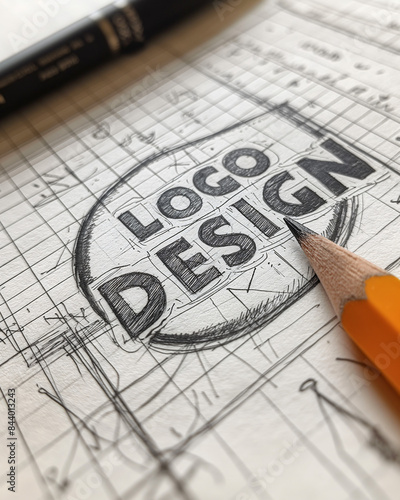 Hand-drawn logo design sketch on gridded paper