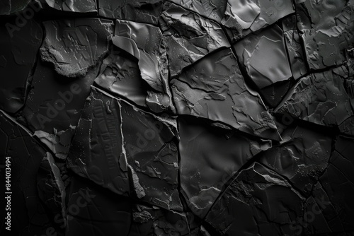 A close up of a black cracked wall with a black background photo