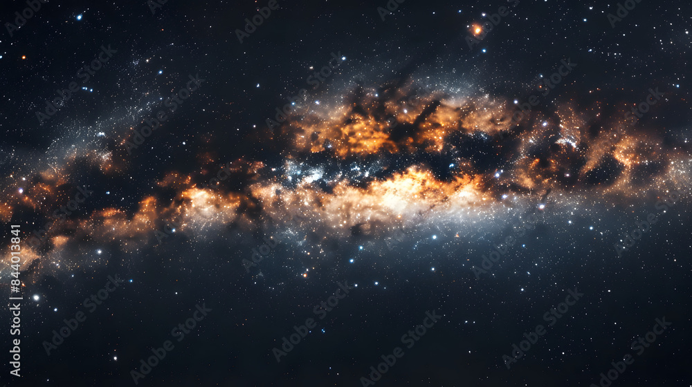 Naklejka premium The Milky Way galaxy, the center of space is surrounded by stars and galaxies, a large dark black background with many small white dots.