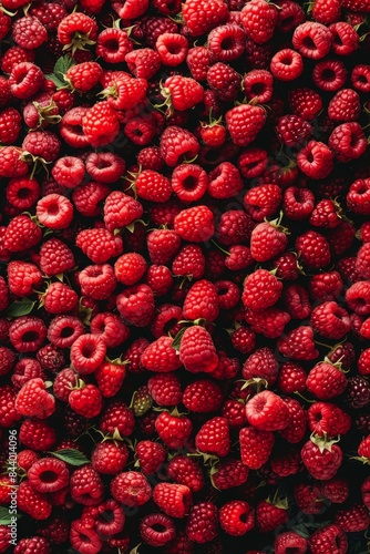 Raspberry berries texture background, Rubus idaeus fruits pattern, many red-fruited raspberries mockup photo
