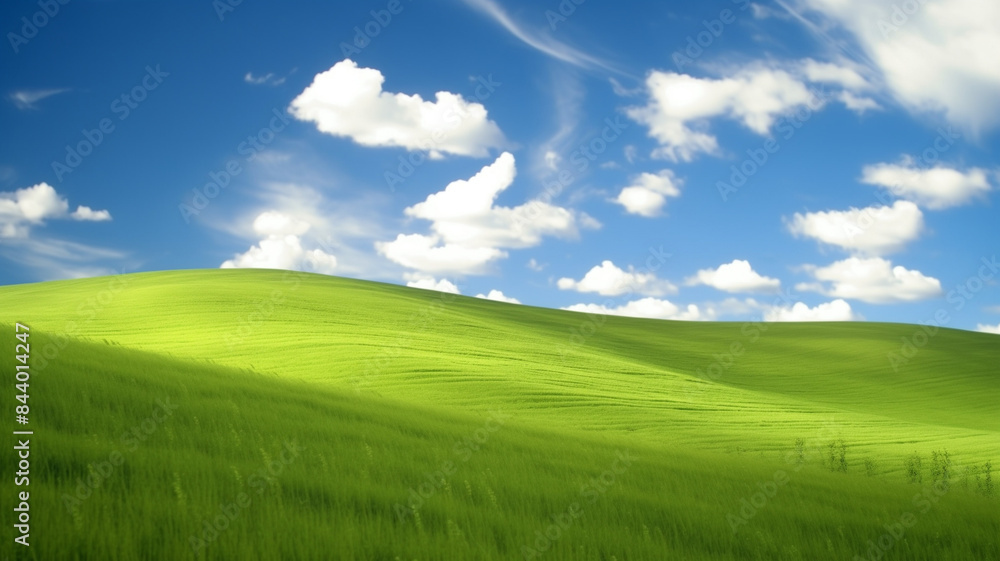 Nature landscape with green meadows, blue sky with clouds and mountains in the background. classic green landscape, Generative AI Nature landscape with green meadows, blue sky with clouds and mountains in the background. classic green landscape, Generative AI