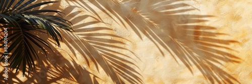 Palm tree shadows on color gypsum rough plaster background, palm branch on shabby wall pattern photo