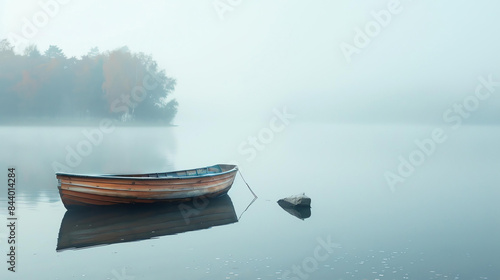 A wooden rowboat sits on a still lake on a foggy morning.