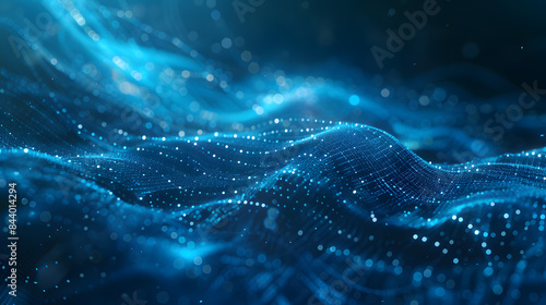 Abstract blue wave of digital particles background with glowing dots and lines, in the style of futuristic technology concept. 