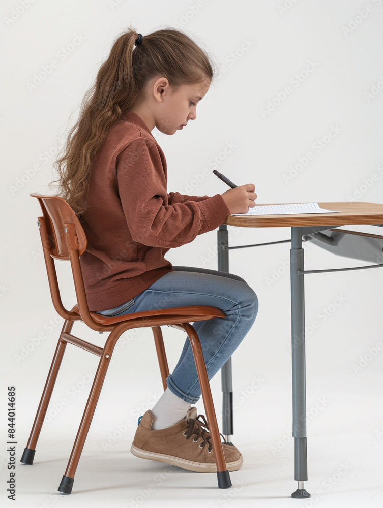A realistic photo of a elementary school girl writing homework at her desk, sit upright, white background, minimalist style, Side View, Full Length Shot, bright, studio light, high definition