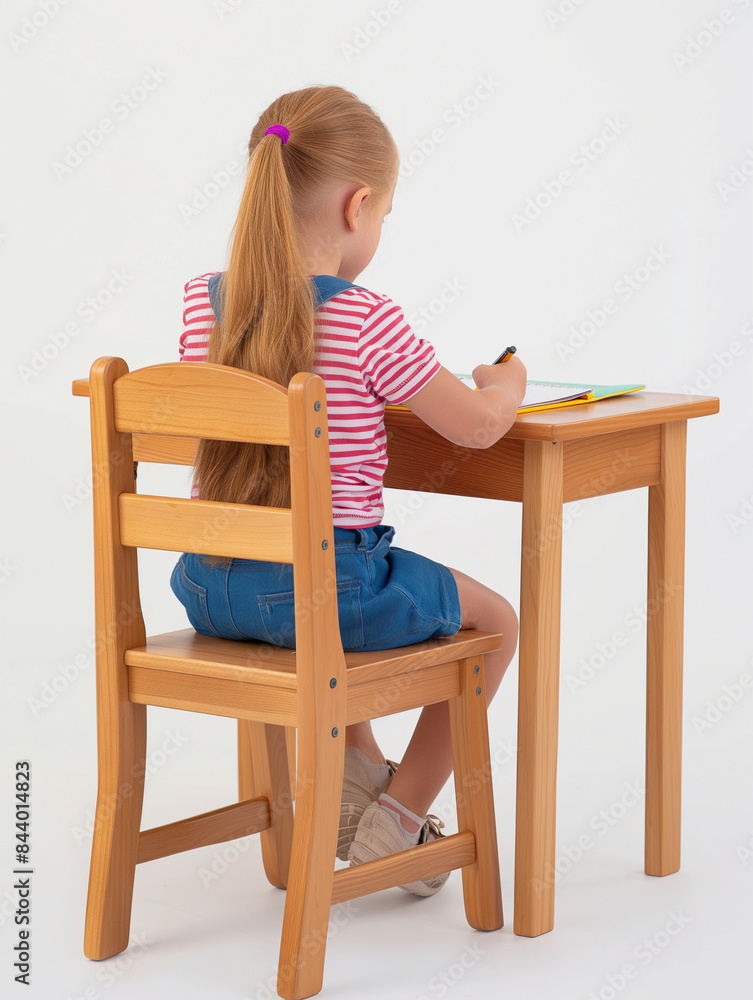 A realistic photo of a elementary school girl writing homework at her desk, sit upright, white background, minimalist style, Side View, Full Length Shot, bright, studio light, high definition A realistic photo of a elementary school girl writing homework at her desk, sit upright, white background, minimalist style, Side View, Full Length Shot, bright, studio light, high definition