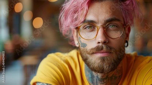 Sharp focus on a man with tattoos wearing glasses with a yellow frame, set against a blurred café background