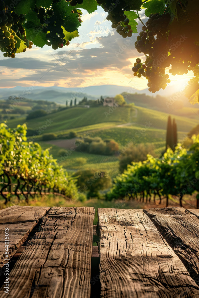 Obraz premium Rustic Wooden Table Setting with Tuscan Vineyard View