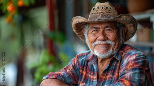 An engaging portrait of a cheerful bearded man in a straw cowboy hat © familymedia