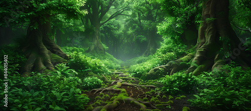 A lush and green tunnel of trees in the deep tropical jungles, perfect for travel and adventure concepts. And Product design background © Super Stocks