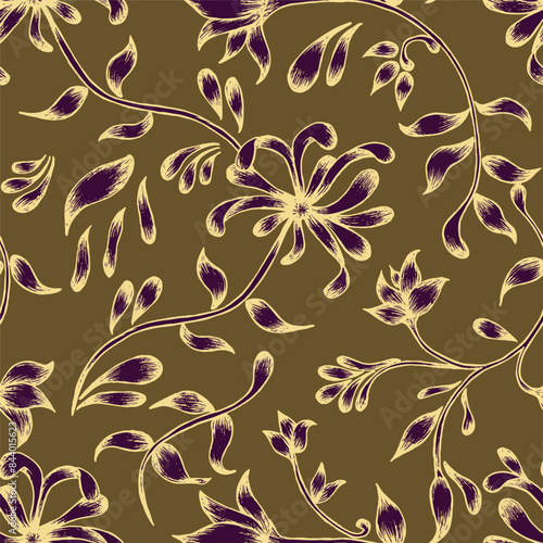 Trendy floral seamless pattern collection. Set of vintage 70s style flower background illustration. Colorful pastel color groovy artwork bundle, y2k nature backgrounds with spring plants