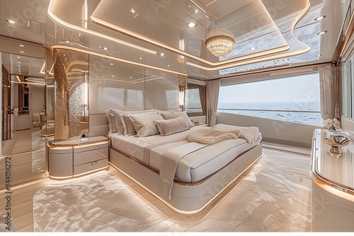 A large, luxurious master suite onboard a modern yacht, featuring a king-size bed, expansive windows with an ocean view, and elegant décor