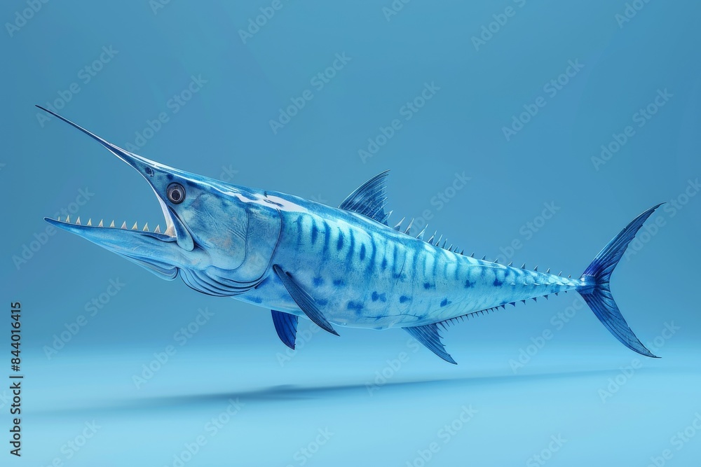 A Blue Marlin Leaps Through the Water Against a Blue Background A Blue Marlin Leaps Through the Water Against a Blue Background