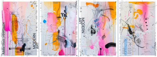 A series of drawings with dynamic strokes and bold lines in colorful ink splashes. The designs include splashes of vivid colors like pink, yellow, blue and black to create an elegant and modern look.