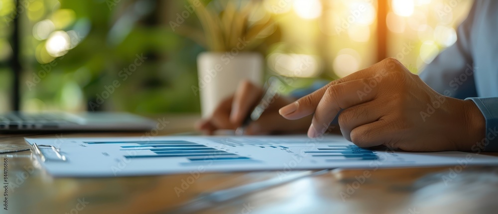 Close-up of a person's hand analyzing financial charts on paper with a pen, perfect for business and finance related content and presentations. Close-up of a person's hand analyzing financial charts on paper with a pen, perfect for business and finance related content and presentations.