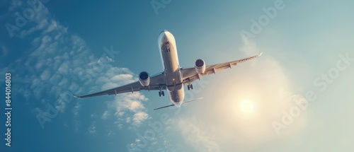 Commercial airplane flying in a clear blue sky with the sun shining. Ideal for travel and aviation themes.