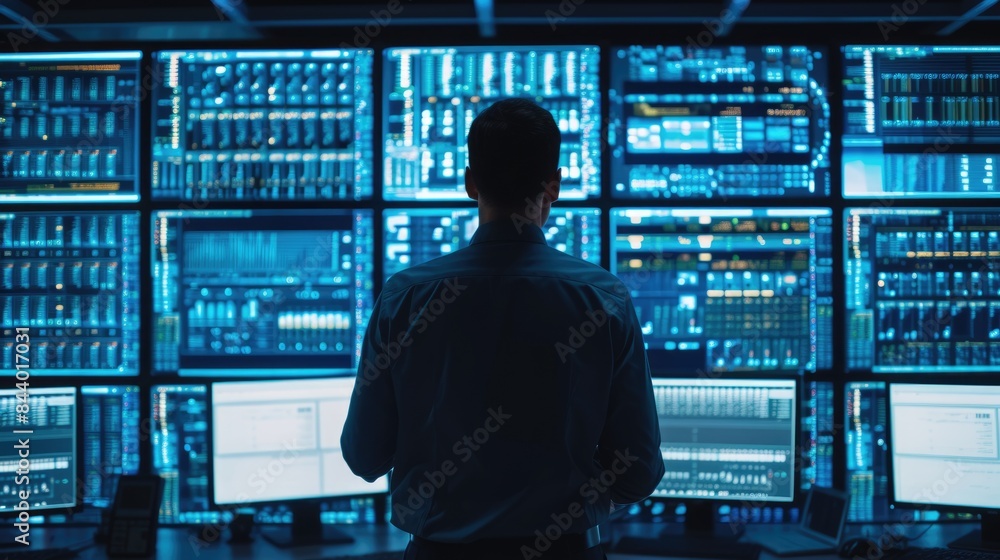 A guy stands before a wall of computer monitors displaying water-like electronic devices in electric blue font, bringing entertainment to the city amidst the darkness. AIG41