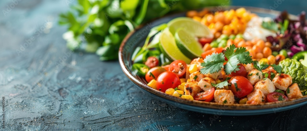Colorful and delicious healthy vegan salad bowl with fresh vegetables, chickpeas, tomatoes, avocado, greens, and lime on a rustic table. Colorful and delicious healthy vegan salad bowl with fresh vegetables, chickpeas, tomatoes, avocado, greens, and lime on a rustic table.