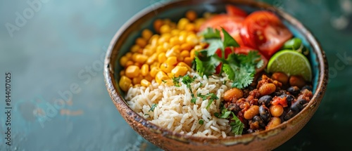 Colorful Mexican rice bowl with corn, beans, tomatoes, cilantro, and lime on a rustic background, highlighting vibrant, nutritious ingredients.