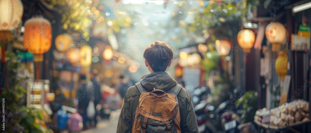 Obraz premium Traveler exploring a vibrant market street lined with glowing lanterns and diverse stalls, capturing the essence of local life and culture.