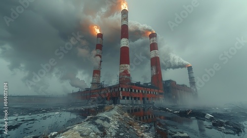 A bleak winter landscape with smoke billowing from the stacks of a working industrial facility photo
