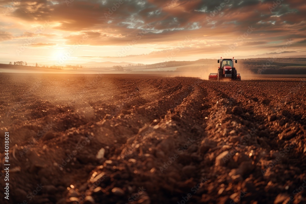 Tractor Plowing Field at Sunset Tractor Plowing Field at Sunset