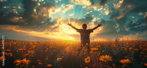 person kneeling and raising hands, Open arms, for pray to God on meadow sunset background