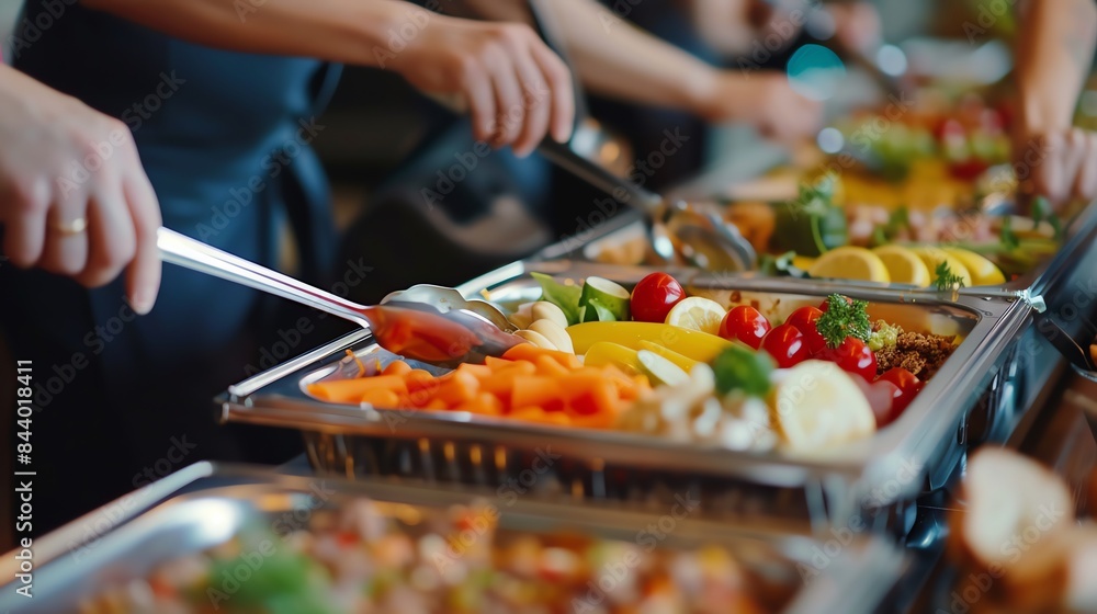 the waiter serves various dishes at the buffet. the waiter serves various dishes at the buffet.