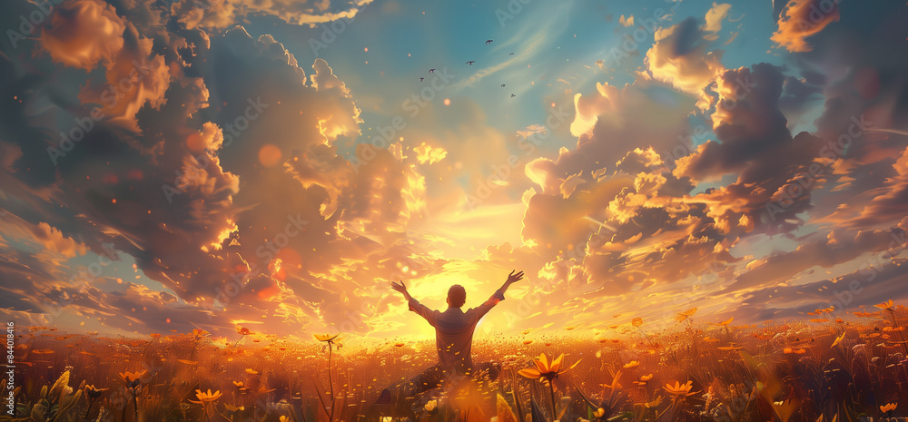 person kneeling and raising hands, Open arms, for pray to God on meadow sunset background person kneeling and raising hands, Open arms, for pray to God on meadow sunset background