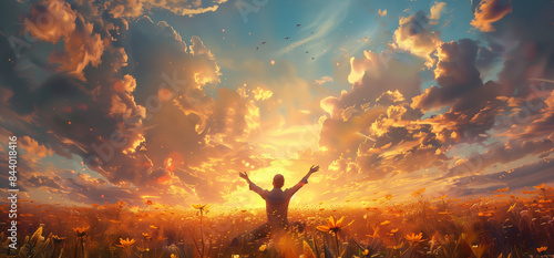 person kneeling and raising hands, Open arms, for pray to God on meadow sunset background photo