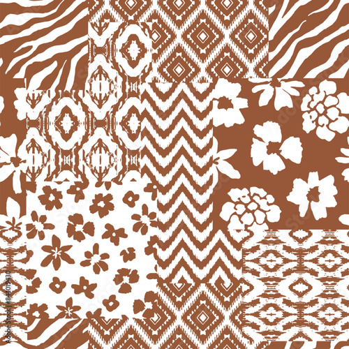 Trendy floral seamless pattern collection. Set of vintage 70s style flower background illustration. Colorful pastel color groovy artwork bundle, y2k nature backgrounds with spring plants