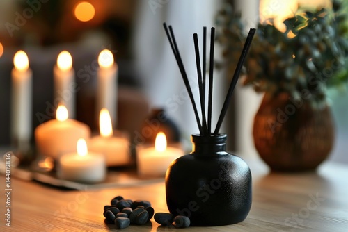 Candles are lit in a blue glass vase with sticks, favorite scents photo