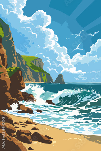 Stunning beach landscape with rocky cliffs, crashing waves, and blue sky filled with fluffy clouds, perfect summer vacation or coastal nature scenery