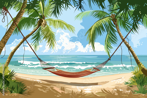Serene Tropical Beach with Hammock Between Palm Trees Overlooking Sunny Ocean Waves Under Clear Blue Sky