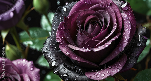 Fototapeta Naklejka Na Ścianę i Meble -  Black and purple rose flower with water drops, Generative AI