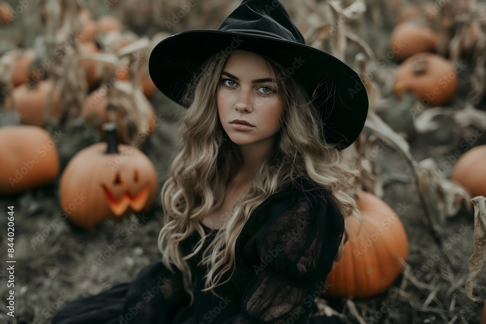 Enchanting Woman in Witch Costume Amidst Pumpkins Enchanting Woman in Witch Costume Amidst Pumpkins