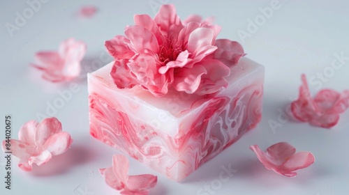 Handmade Soap with Artificial Pink Flower on White Background Cold Process Layering and Swirling in the Pot