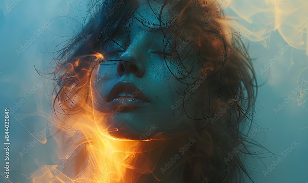 A woman's face is surrounded by smoke and fire A woman's face is surrounded by smoke and fire